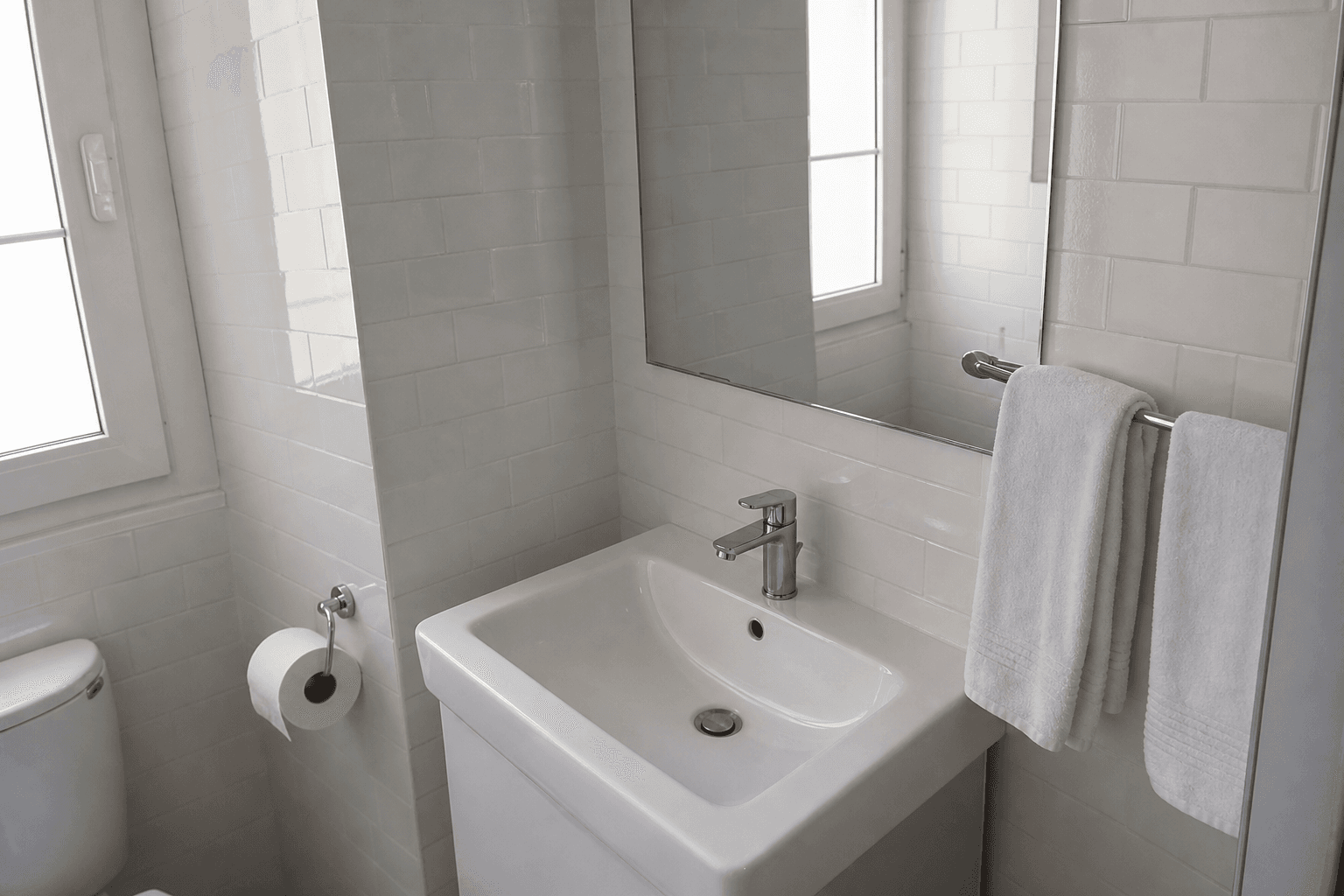 Lavabo blanc propre, miroir essuyé, deux serviettes pliées
